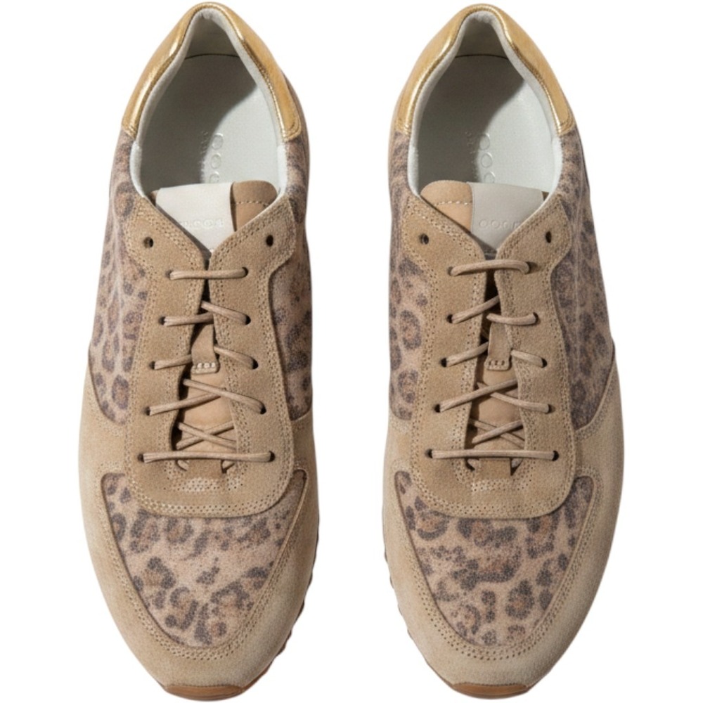 Paul Green Super Soft Leopard Print Suede Sneakers Gold Metallic Tan Womens 7.5